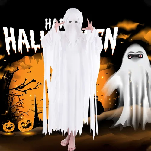 Vista 4 de Suppromo Disfraz de fantasma para adultos, mujeres y hombres, disfraz de fantasma blanco con capucha para Halloween, fiesta de cosplay, talla única
