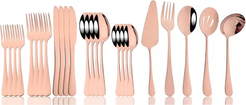 Vista 10 de JASHII Juego de cubiertos de 25 piezas con tenedor y cuchara con utensilios para servir para 4, cubiertos de acero inoxidable de grado alimenticio