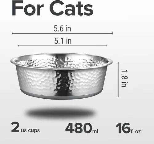 Vista 3 de URBUDDIES Paquete de 2 cuencos de acero inoxidable martillados para gatos, cuencos de metal prémium para gatos con parte inferior de goma