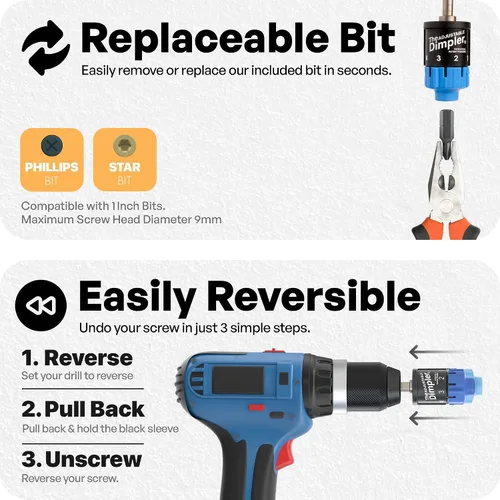 Vista 6 de Ajustable DIMPLER® - Broca para paneles de yeso y accesorio para pistola de tornillos, convierte el taladro en una pistola de tornillos para paneles