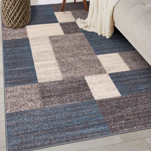 Vista 34 de Rugshop Alfombra Contemporánea Azul con Cajas Geométricas Antideslizante y sin Desprendimiento para Sala de Estar, Comedor y Oficina, 20" x 30