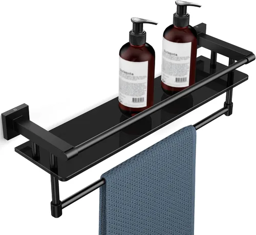 Vista 8 de Estante de vidrio para baño de 20 pulgadas, estantes de baño con barra para toallas, estantes de vidrio templado con soporte para toallas de acero