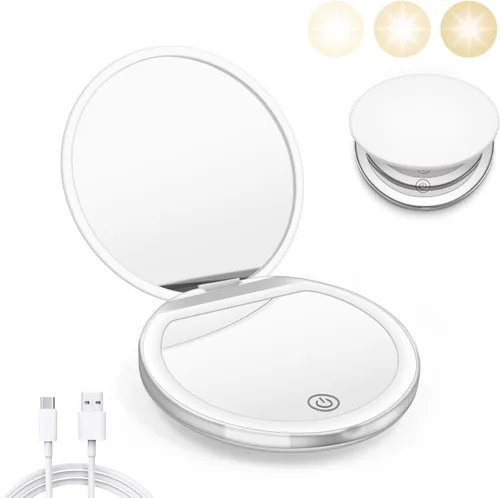 Vista 9 de Kakuje Espejo compacto con luz, espejo de bolsillo LED de aumento 1X/3X con cable de datos USB, mini espejo para bolso, bolsillo, viaje y regalo