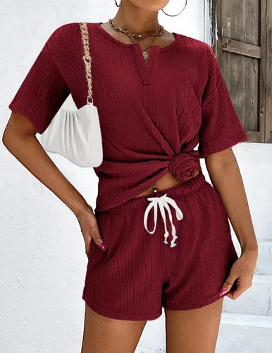 Vista 2 de Ekouaer Conjunto de pijama de punto acanalado para mujer, conjunto de 2 piezas, camiseta de manga corta y pantalones cortos, conjuntos de pijama