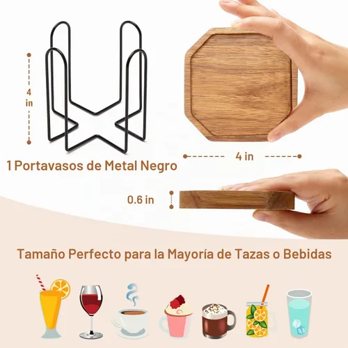 Vista 6 de Juego de 6 posavasos rústicos de madera con soporte