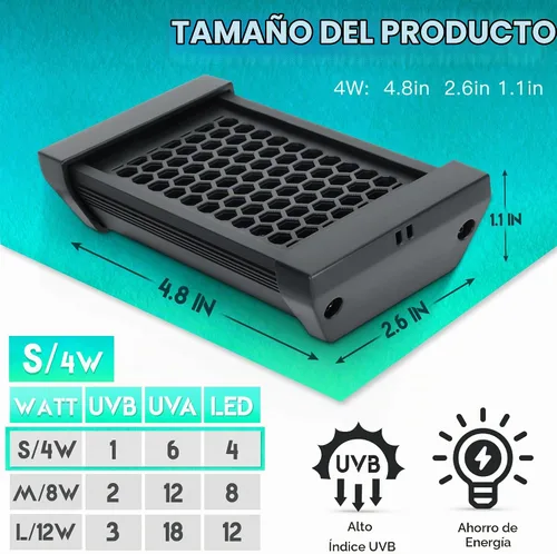 Vista 3 de Lámpara LED regulable UVB para reptiles, 8000 horas de duración UVB para una vida útil mucho más larga, ciclos ajustables de 4/8/12 horas, adecuada