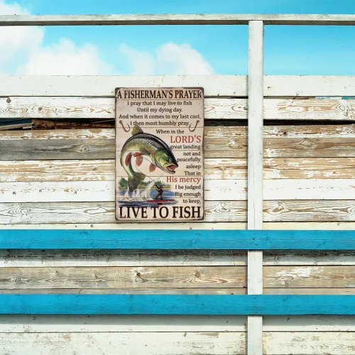 Vista 7 de SUPERDANT Letreros de lata de pesca vintage con texto en inglés «Live to Fish» de metal «A Fisherman's Signs», cartel divertido para pared, arte