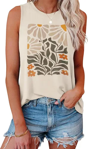 Vista 15 de Hount Camisetas sin mangas para mujer, estilo casual, holgadas, con gráficos, cómodas, para verano, básicas, camisetas tipo túnica 10-beige