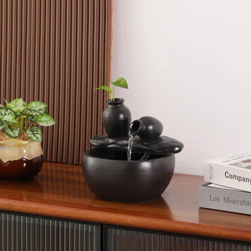 Vista 4 de Fuente de mesa de cerámica para decoración de interiores y hogares, escritorio, oficina, patio (fuente de cerámica para macetas) (negro)