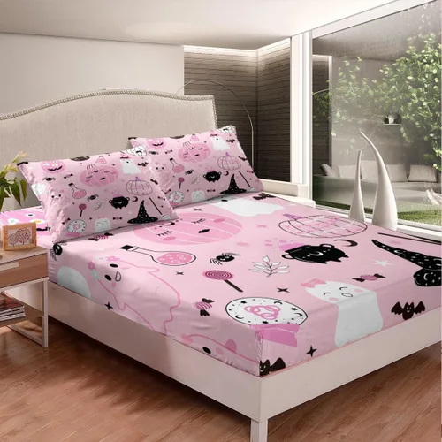 Vista 8 de Feelyou Juego de sábanas bajeras de Halloween tamaño individual, juego de sábanas decorativas de Halloween para niños y adultos (sin sábana encimera)