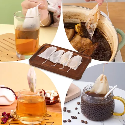 Vista 6 de WALWAL 100 bolsas de té desechables para té de hojas sueltas, bolsas de filtro de té biodegradables con cordón, bolsas infusoras de té de fibra