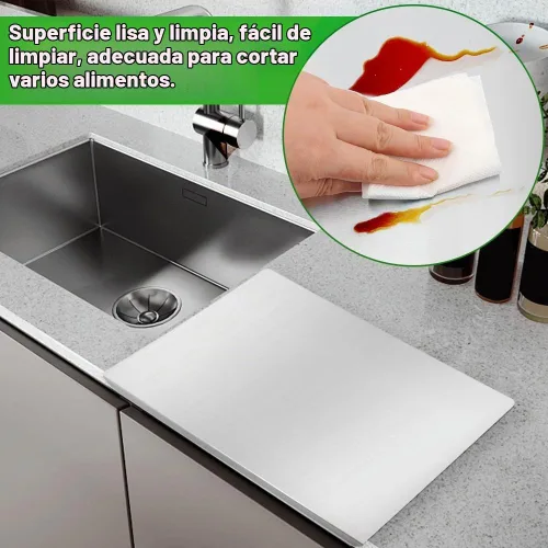 Vista 7 de Tablas de cortar de acero inoxidable con borde para cocina, tabla de cortar de metal, tabla de cortar grande de mostrador para carne, frutas