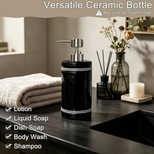 Vista 7 de Dispensador de jabón de cerámica negra con bomba plateada para baño, dispensador de jabón líquido de manos recargable, diseño de moissanita