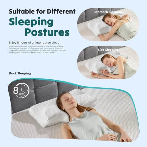 Vista 7 de NEWBULIG Almohada cervical para el cuello, almohada ergonómica de espuma viscoelástica para aliviar el dolor de cuello, almohada ortopédica de Blanco