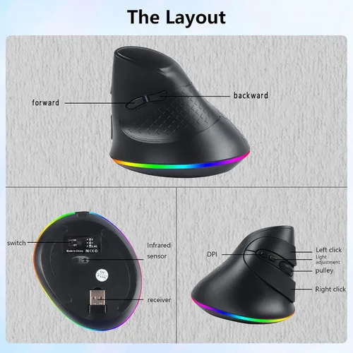 Vista 5 de Ratón inalámbrico, mouse ergonómico vertical 2.4G Bluetooth modo dual 3 DPI recargable conecta múltiples dispositivos, mouse vertical 6 botones