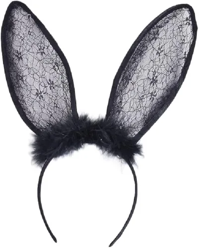 Vista 2 de Diadema de orejas de conejo de encaje negro con orejas de conejo de Pascua, aro para el cabello, diadema de encaje de conejo para mujeres, niñas