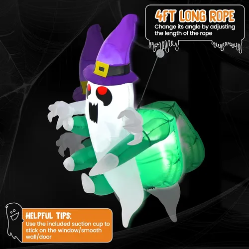 Vista 6 de Tangkula Fantasma inflable de Halloween de 3.6 pies que estalló de la ventana, fantasma espeluznante de ventana colgante con luces LED, decoración