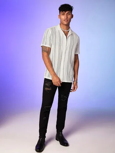 Vista 4 de WDIRARA Camiseta de manga corta con botones frontales y encaje floral para hombre