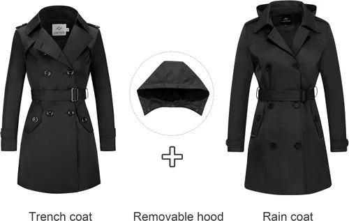 Vista 3 de FARVALUE Gabardina impermeable para mujer, cortavientos de doble botonadura, abrigo clásico con solapa con cinturón y capucha extraíble