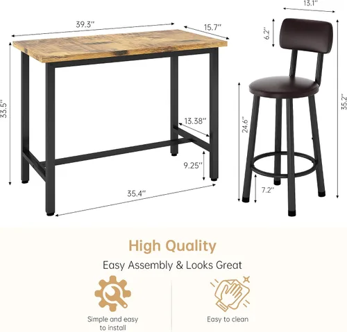Vista 4 de Juego de mesa de bar y sillas para 2, mesa de bar industrial de madera Marrón rústico