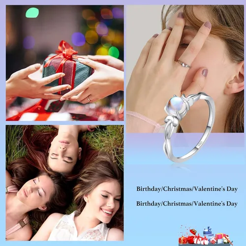 Vista 6 de Anillo de piedra lunar genuina para mujer, plata esterlina 925, arco iris, doble luna, infinito, anillo de compromiso de piedra lunar redonda