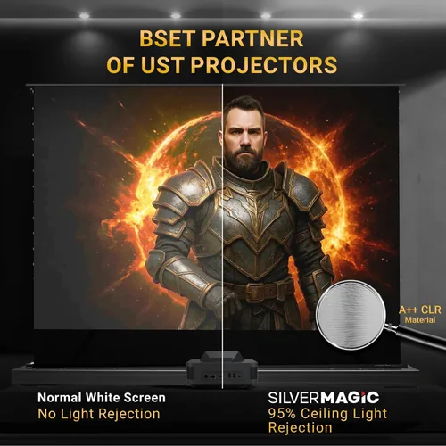 Vista 2 de ALR/CLR - Pantalla de proyector motorizada para proyector UST de 100 pulgadas, 95% de rechazo de luz ambiental, 4K/8K Ultra HD, Active 3D, para cine