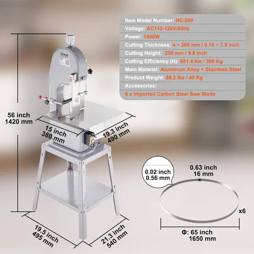 Vista 7 de Sierra de banda eléctrica comercial para carne, máquina de sierra ósea vertical de acero inoxidable de 1500W, banco de trabajo de 19.3" x 15