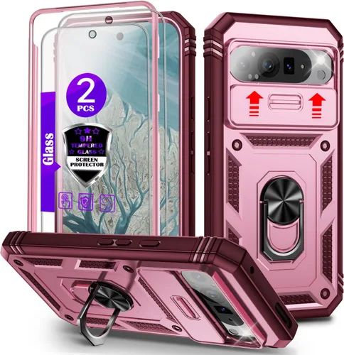 Vista 11 de Funda para Pixel 9 Pro XL con cubierta deslizante para cámara, 2 protectores de pantalla de vidrio templado, soporte de anillo giratorio de 360°