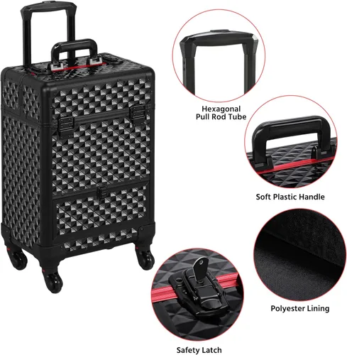 Vista 4 de Yaheetech Estuche de Maquillaje Tipo Tren con Ruedas, Estuche de Aluminio para Cosméticos con Ruedas, Estuche de Barbero para Salón, Carrito