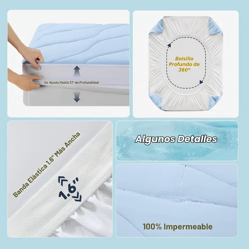 Vista 7 de Unikome - Protector de colchón ultra suave e impermeable para personas que duermen con calor Azul claro