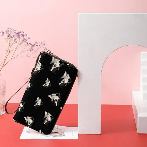 Vista 4 de Border Collie - Cartera de piel sintética con cremallera larga y correa de mano