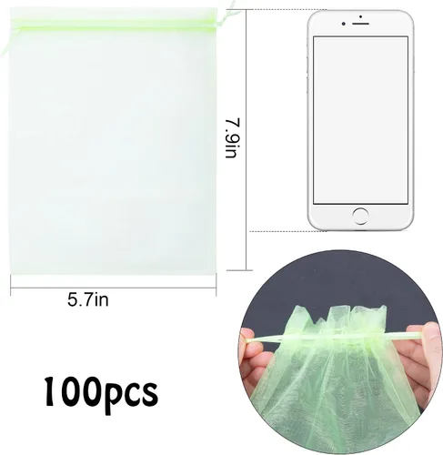 Vista 2 de 100 bolsas de protección de frutas verdes de 6 x 8 pulgadas, bolsas de malla para frutas con cordón, bolsa de malla para proteger las plantas