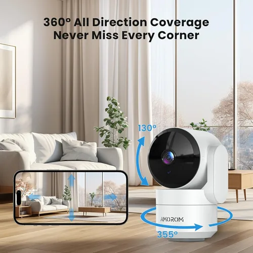 Vista 2 de AMOROM Cámara de seguridad para interiores 360° con panorámica/inclinación, monitor para mascotas, perros y bebés, visión nocturna HD 1080P