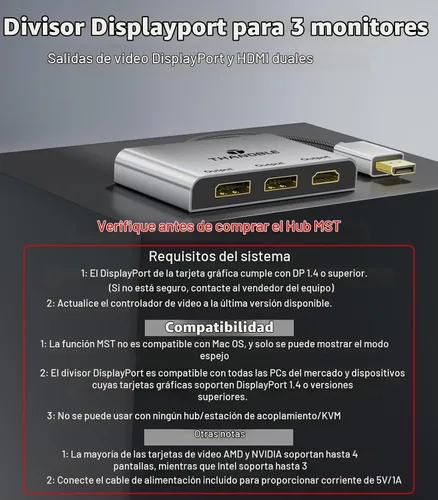 Vista 4 de DisplayPort a Dual DisplayPort con adaptador HDMI 4K a 60Hz, pantalla extendida 1 en 3 salidas MST Hub para múltiples monitores compatible con PC