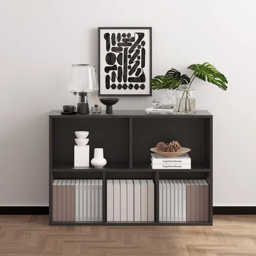 Vista 3 de Organizador de almacenamiento de 5 compartimentos de madera con panel trasero cerrado, estante de cubos negro resistente, organizador
