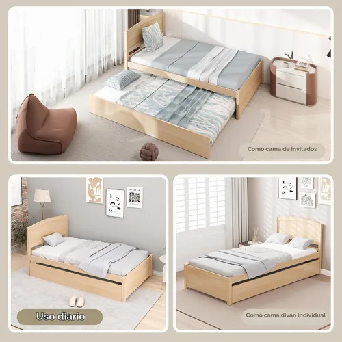 Vista 6 de Cama nido individual, marco de cama extraíble de madera maciza, cama de día extensible con cabecera y soporte de listones de madera sólida Natural
