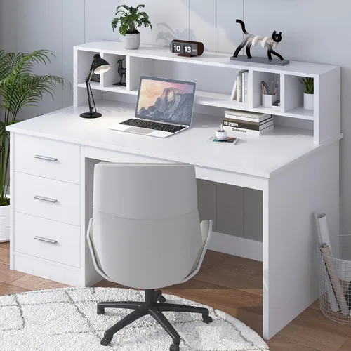 Vista 8 de MaverickFurni Escritorio blanco con cajones, escritorio de oficina en casa de 46 pulgadas con gabinete y almacenamiento, escritorio pequeño con 3