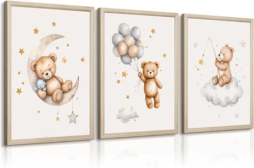 Vista 14 de Baccone Arte de pared para habitación de guardería con oso de peluche, póster para habitación de bebé niño o niña, decoración de pared de guardería