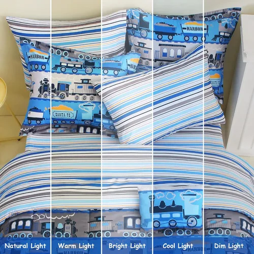 Vista 7 de Mooreeke Juego de edredón individual para niños de 6 piezas, juego de ropa de cama azul para adolescentes, cama de tren de microfibra para niños