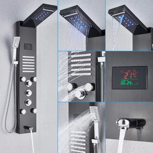 Vista 4 de Hidroelectricidad Led lluvia cascada ducha panel masaje spa jets LCD pantalla digital sistema de ducha columna de ducha-Blackend