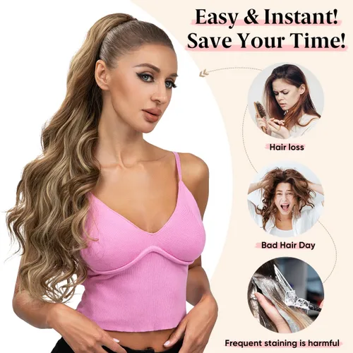 Vista 7 de Extensiones de cabello sintético ondulado con cordón para cola de caballo de 26 pulgadas, para mujer, castaño medio ceniza, rubio ceniza