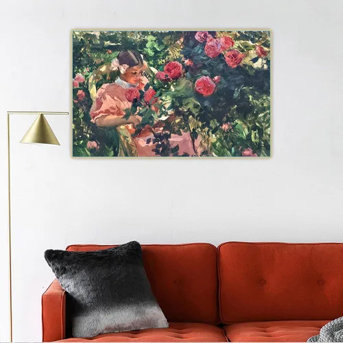 Vista 3 de Joaquín Sorolla "Elena entre rosas" Cuadro famoso Lienzos. Cuadro de arte de pared de lienzo para decoración del hogar 15.7x25.2 in sin marco