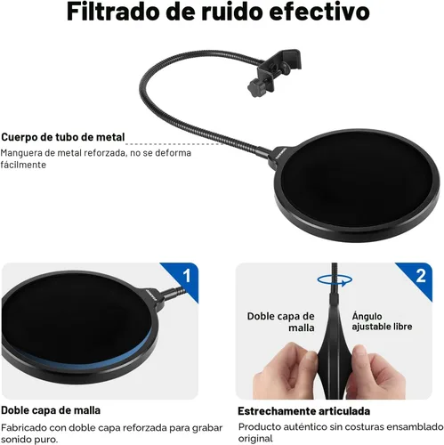 Vista 4 de Filtro pop profesional para micrófono, máscara protectora para Blue Yeti y cualquier otro micrófono, pantalla pop de viento de doble capa con clip