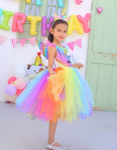 Vista 4 de Tutu Dreams 3 piezas de vestido de unicornio con diadema y alas de lentejuelas, disfraz de unicornio para cumpleaños, Halloween, fiesta, regalos