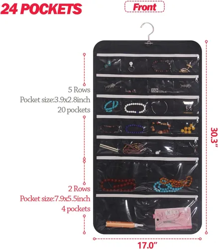 Vista 2 de DIOMMELL Organizador de joyería colgante con 47 bolsillos con cremallera para aretes, collar, pulsera, anillo, bolsa de almacenamiento