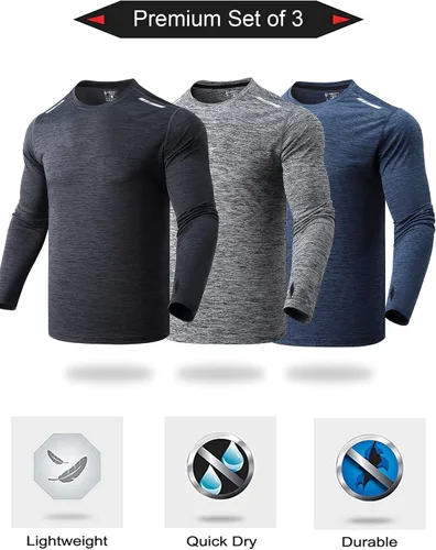 Vista 7 de Paquete de 3 camisetas de manga larga para hombre, ajuste seco, casual, senderismo, rendimiento, atléticas, activas, con agujeros para el pulgar