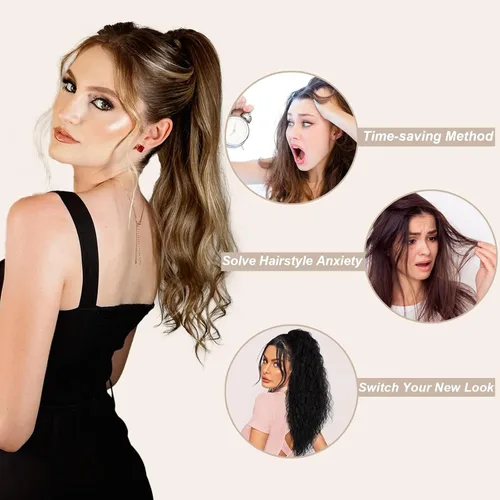 Vista 3 de Extensión de cola de caballo de cabello lacio, mezcla de extensiones de cola de caballo con cordón, rubias para mujer, múltiples capas, sintético