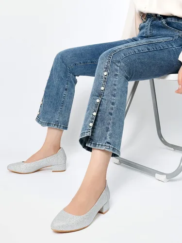 Vista 6 de Zapatos de tacón bajo para mujer, color negro, plateado y dorado, zapatos de vestir de tacón bajo, zapatos de tacón cerrado, tacones de bloque