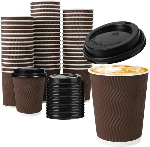 Vista 16 de Tazas de café desechables de 12 onzas con tapas, tazas de papel de café con tapas para llevar, tazas calientes aisladas para bebidas calientes