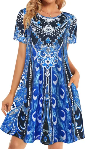 Vista 34 de Vestidos de verano para mujer, informales, holgados, estilo camiseta, florales, de manga corta, con vuelo y bolsillos, para la playa